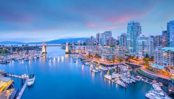 Beautiful view of downtown Vancouver skyline, British Columbia, Canada at sunset